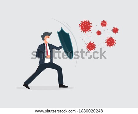 Businessman holding a shield protect from COVID-19. Stop coronavirus spreading. Vector illustration