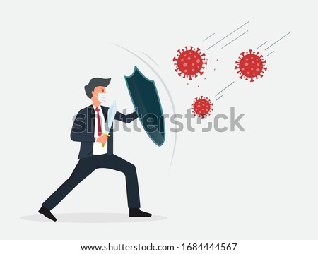 Businessman holding shield and sword protect from COVID-19 Virus. Stop coronavirus spreading. Businessman warrior concept. Vector illustration