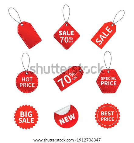 Set of sale tags. Red ribbon price and discount labels. Red starburst stickers. Vector illustration