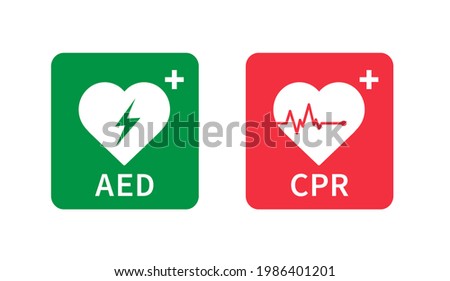 AED and CPR icon. Emergency defibrillator sign. Automated External Defibrillator. Hearts electricity. Vector illustration.