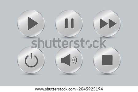 Play button. Media player control icon set. Glass plates circle shape isolated on gray background. Vector illustration.