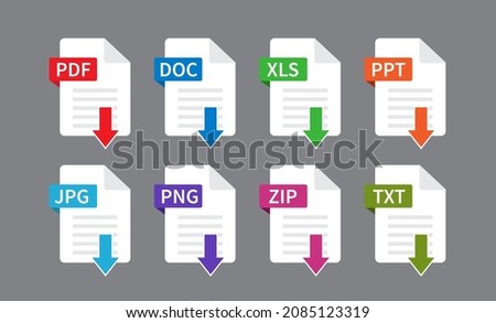 Download pdf file. Documents File Format icon. File type isolated on gray background. PDF, DOC, XLS, JPG, PNG, ZIP, PPT, TXT. Vector illustration