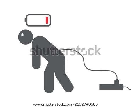 Low battery man with electrical plug. Tiredness icon. Burnout of working. low level energy. Vector illustration