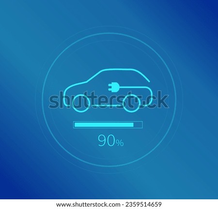Electric car icon. Battery charging process 90% percent. Eco friendly vehicle concept. Vector illustration.