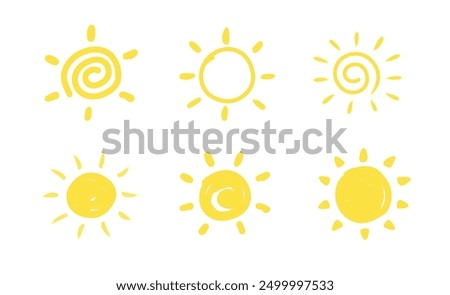 Hand drawn Sun. Set of Sun icon. Doodle children drawing. Solar icon. weather sign. Vector illustration