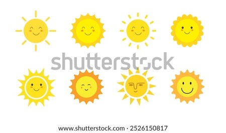 Sun smile icon set. Happy smiling sun. Cute sun. Sunshine emoji. Funny emotion. Vector illustration