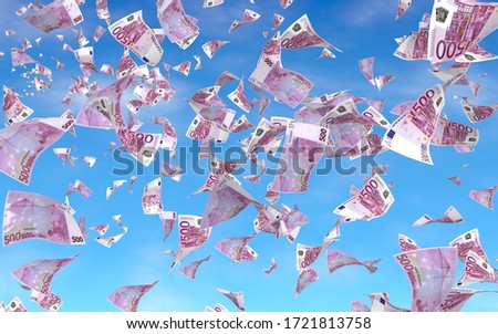 Flying euro banknotes against the sky background. Money is flying in the air. 500 EURO in color. 3D illustration 商業照片 © 