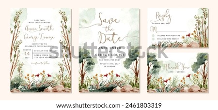 wedding invitation set with beautiful forest watercolor landscape