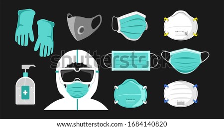 Safety breathing masks. Industrial safety N95 mask, dust protection respirator and breathing medical respiratory mask. Protection with hazmat suit, Corona masks