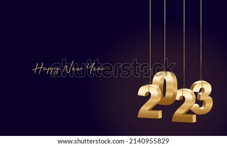 Happy New Year 2023. Hanging golden 3D numbers with ribbons and confetti on a defocused colorful, bokeh background.