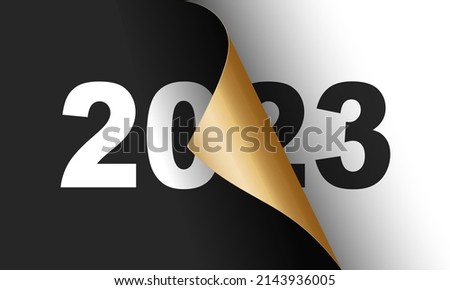 Happy New Year 2023 winter holiday greeting card design template. End of 2022 and beginning of 2023. The concept of the beginning of the New Year. The calendar page turns over and the new year begins.