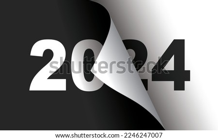 Happy New Year 2024 greeting card design template. End of 2023 and beginning of 2024. The concept of the beginning of the New Year. The calendar page turns over and the new year begins.
