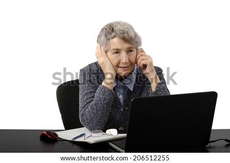Modern grey haired lady calling by mobile while waiting online lesson
