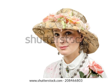 Middle aged woman wearing hat organza on white background