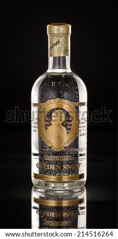 Rishon Le Zion, Israel - April 19, 2013: One bottle of Imperial Collection Golden Snow Vodka 40%, 700ml. Premium vodka with flakes of real 24-carat gold floating inside bottle. Imported from Russia