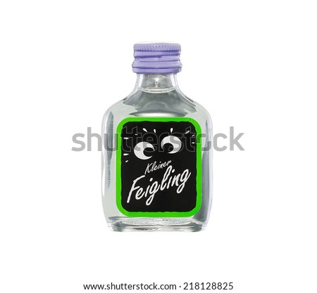 Rishon Le Zion, Israel - September 17, 2012: One miniature bottle of Kleiner Feigling Das Original liqueur alc.20%, 30ml. Sweetened fig vodka liqueur imported from Germany