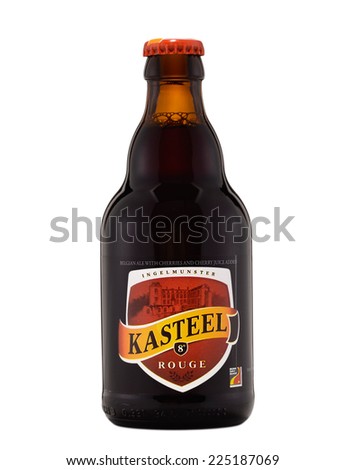 Rishon Le Zion, Israel - July 8, 2012: One bottle of fruit beer Kasteel Rouge alc.8%, 330 ml. Kasteel Rouge is a blend of Kasteel Donker and cherry liquor. Brewed by Brouwerij Van Honsebrouck, Belgium
