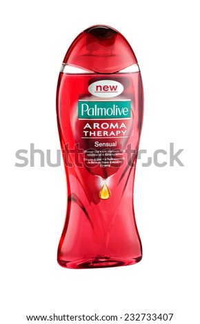 Rishon Le Zion, Israel - November 15, 2014: Plastic bottle of Shower Gel Palmolive Aroma Therapy Red-sensual 500 ml. With Moroccan Rose essential oil and extract of ginseng. Imported to Israel