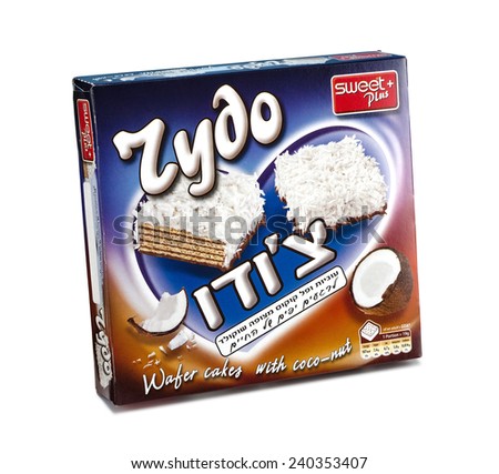 Rishon Le Zion, Israel-November 29, 2014: Pack of Cocoa coated wafer cakes with coconut  Choudo 200 grams. Produced by Zaharni Izdelia Ltd, Bulgaria