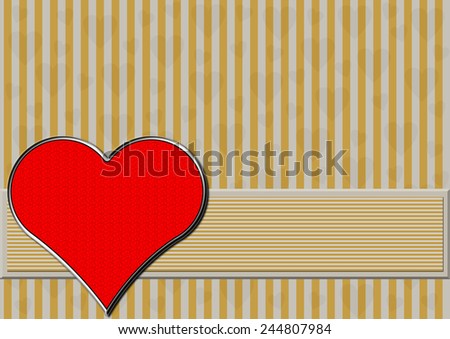 Red chrome heart on a silver and gold stripe pattern with many transparent hearts in the background