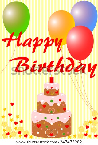 Happy birthday card with a birthday cake and balloons on yellow striped background