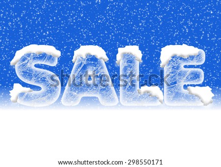 Sales lettering in ice letters with snow on top and a blue background with snowfall
