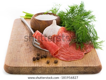 Still Life with slices of smoked meat . Focus area increased by folding multiple photos