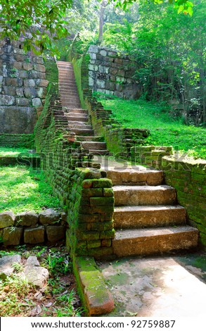 Sigiriya ( Lion\'s rock ) is a large stone and ancient palace ruin in the central  Sri Lanka ( Ceylon ). steps and the ruins of the royal palace and the park of Sigiriya
