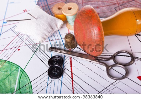 Collection of sewing tools and supplies in a sewing kit on  sewing plan