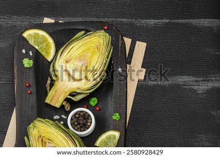 Similar – Image, Stock Photo Fresh green artichokes at the weekly market in Alacati in the province of Izmir at the Aegean Sea in Turkey