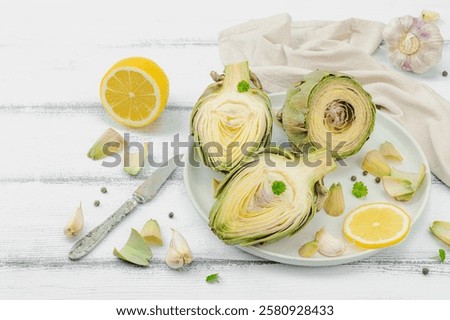 Similar – Image, Stock Photo Fresh green artichokes at the weekly market in Alacati in the province of Izmir at the Aegean Sea in Turkey