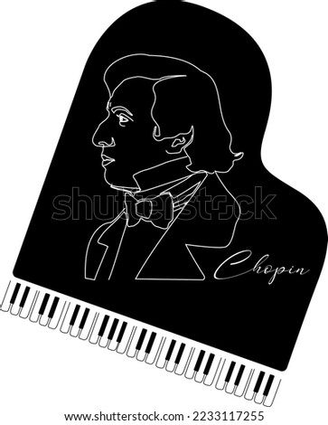 Frederic Chopin with his piano - black and white vector illustration