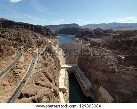 Breath taking Aerial view of the Colorado River, Hoover Dam, and road taken from bypass bridge on the border of Arizona and Nevada, USA.