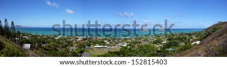 Lanikai Beach  and islands including the Mokulua Panoramic as seen from above in Kailua, O\'ahu, Hawai\'i