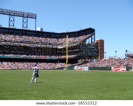 SAN FRANCISCO, CA - JULY 31: Dodger vs. Giants: Outfielders stand around between plays at ATT park,  Garret Anderson closest player.  On July 31, 2010 Att Park in San Francisco.