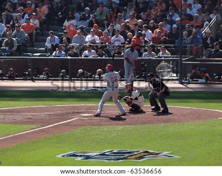 SAN FRANCISCO, CA - OCTOBER 19: Giants vs. Phillies: Jayson Werth stands in the batters box with Buster Posey catching game three of the NLCS 2010 October 19, 2010 AT&T Park San Francisco.