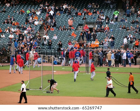 SAN FRANCISCO, CA - OCTOBER 28: Rangers run into dugout after batting practice game 2 of the 2010 World Series game between Giants and Rangers Oct. 28, 2010 AT&T Park San Francisco, CA.