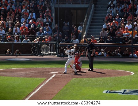 SAN FRANCISCO, CA - OCTOBER 19: Giants vs. Phillies: batter Buster Posey stands in the batters box with Carlos Ruiz catching game three of the NLCS 2010 October 19, 2010 AT&T Park San Francisco.