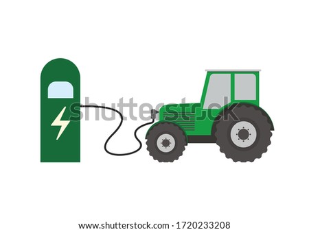 Flat vector illustration of a green electric tractor charging at the charger station. Electromobility e-motion concept. smart and modern agriculture