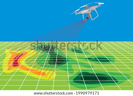 Drone farming vector illustration. Farming with drone using smart technology and artificial intelligence. Data annalist of the Drone