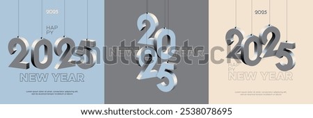 Concept of welcoming and celebrating new year 2025 with 3D hanging numbers on square template for calendar and social media post. Happy new year 2025