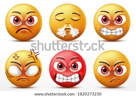 Smiling faces emoticon character set, Facial expressions of cute yellow faces in angry and furious. 3D realistic vector illustration