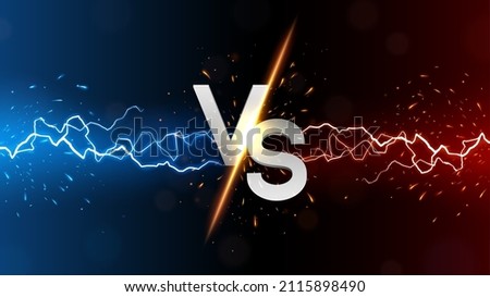 Versus banner with fire sparkling and lightning strikes, isolated on red and blue background, easy to edit. Vector illustration