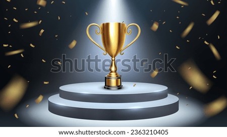 Shiny Golden Trophy on White Podium Illuminated by Spotlights with Golden Confetti Falls, Victory Celebration, Vector Illustration