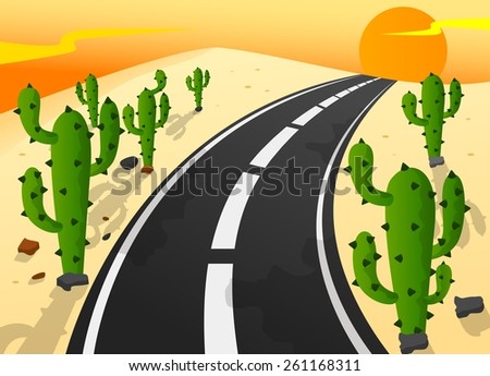 Asphalt road in sand desert with cactus landscape
