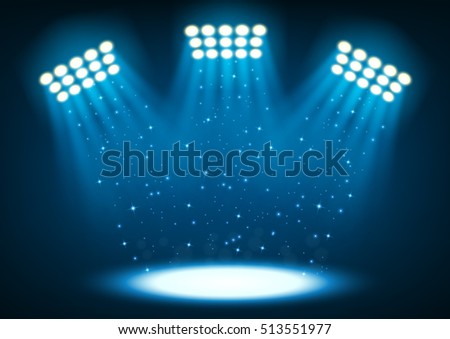 Blue bright stadium spotlights on dark background Vector Illustration