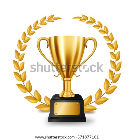 Realistic Golden Trophy with Gold Laurel Wreath, Vector Illustration