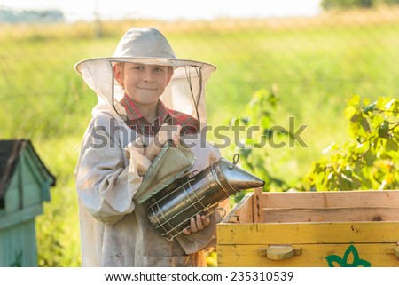 Young beekeeper is working in an apiary