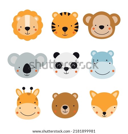 Set with cute animal giraffe, lion, tiger, monkey, fox, deer, bear, panda, hippo and koala on a white background. Vector illustration for printing on fabric, wrapping paper, clothing. Cute baby 