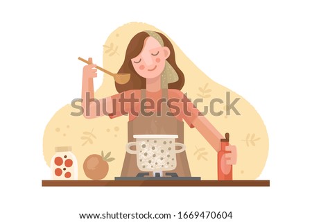 Vector hand drawn illustration in flat style. A girl in an apron is cooking. Casserole on the stove with soup. Kitchen utensils, spices and sauces, ingredients. Homemade food, dinner, cozy atmosphere.